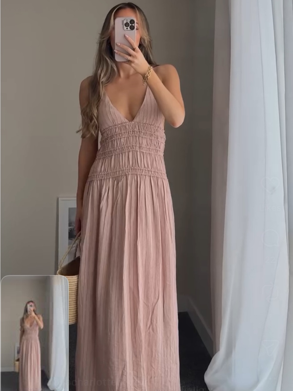 Zara Blush Pink Smocked Waist Maxi Dress